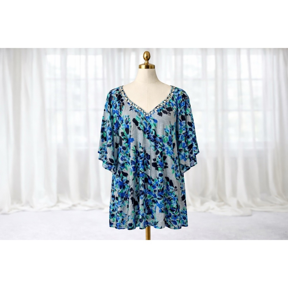 New Lane Bryant Blouse Sequin V-Neck Stretch Top Boho Floral‎ Blue 18/20